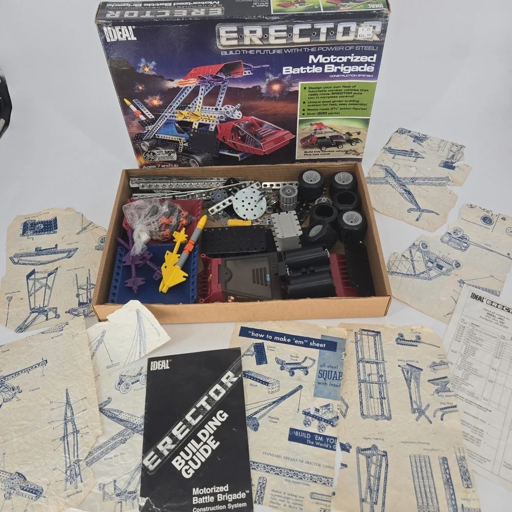 Vintage Ideal Erector Motorized Battle Brigade Set 1981 Box Manual Parts Lot USA